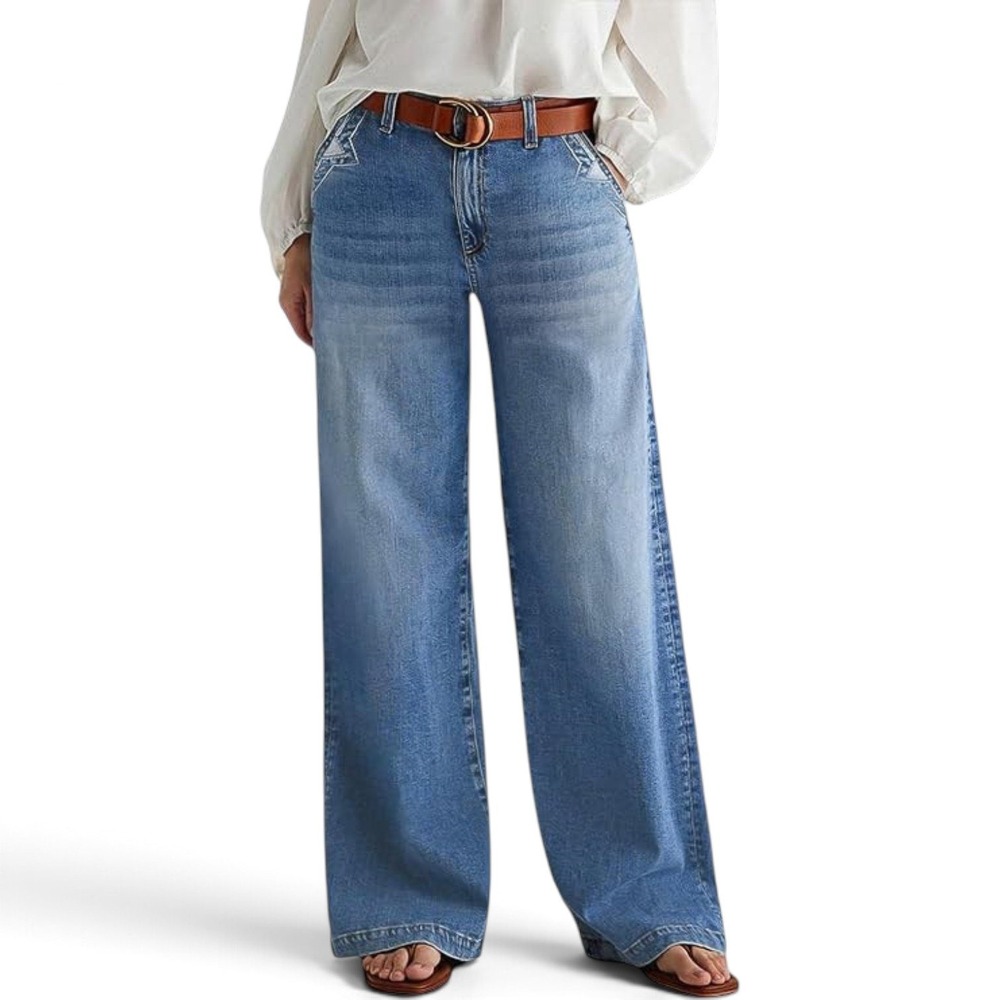 Flamingals Wide Leg Mid Waist Baggy Jeans Womens XS Blue Stitch Detail Y2K NEW